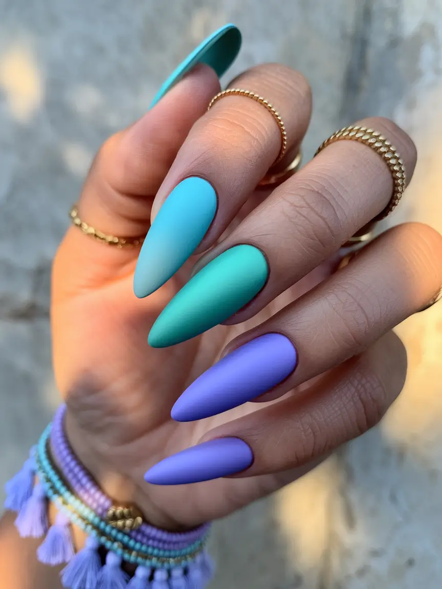 Almond Nails Made for Summer 2025 Sunset Surf in Matte Hues