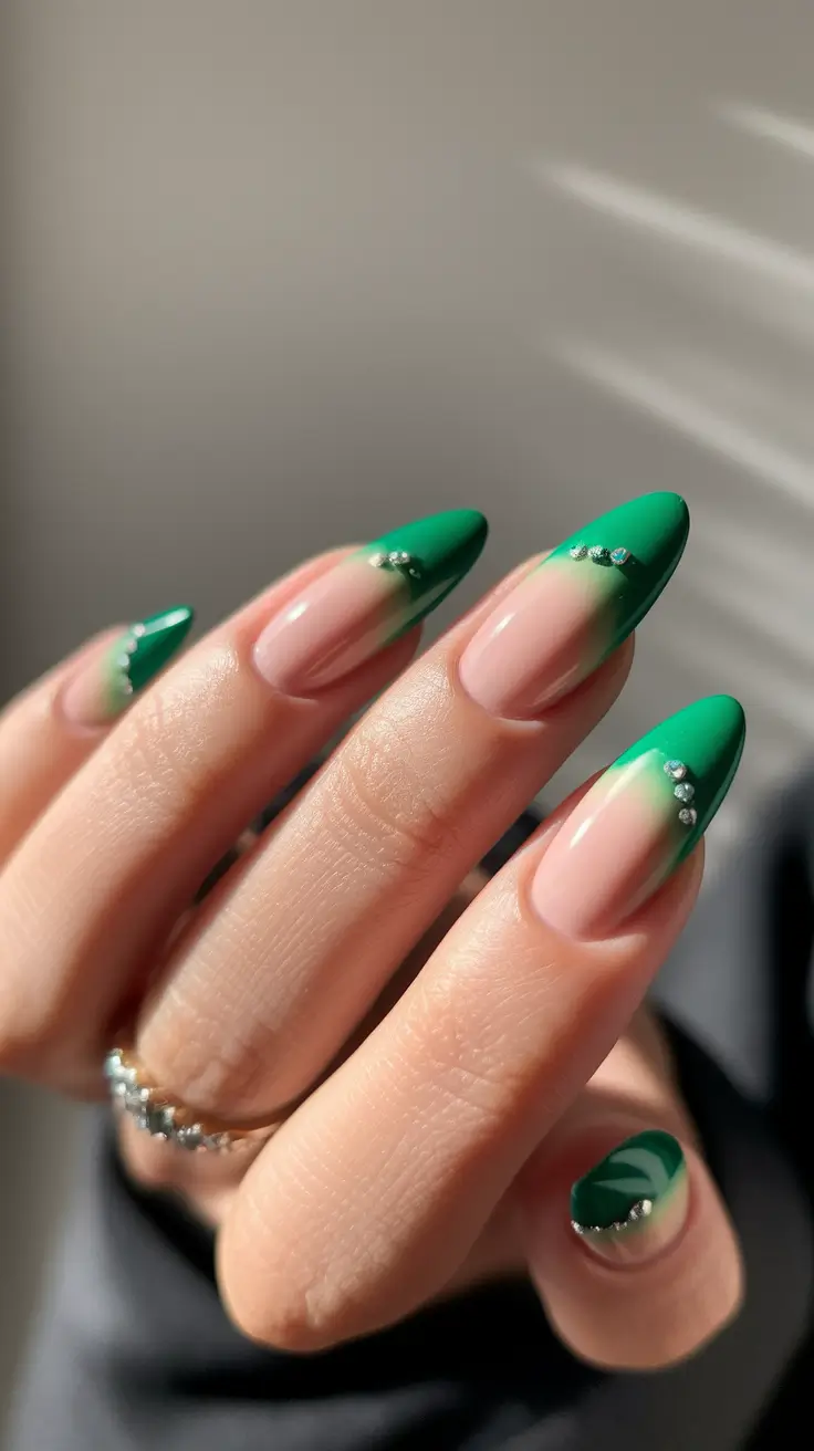 august nails designs french tip+Modern French Tip with Green Gradient and Rhinestones
