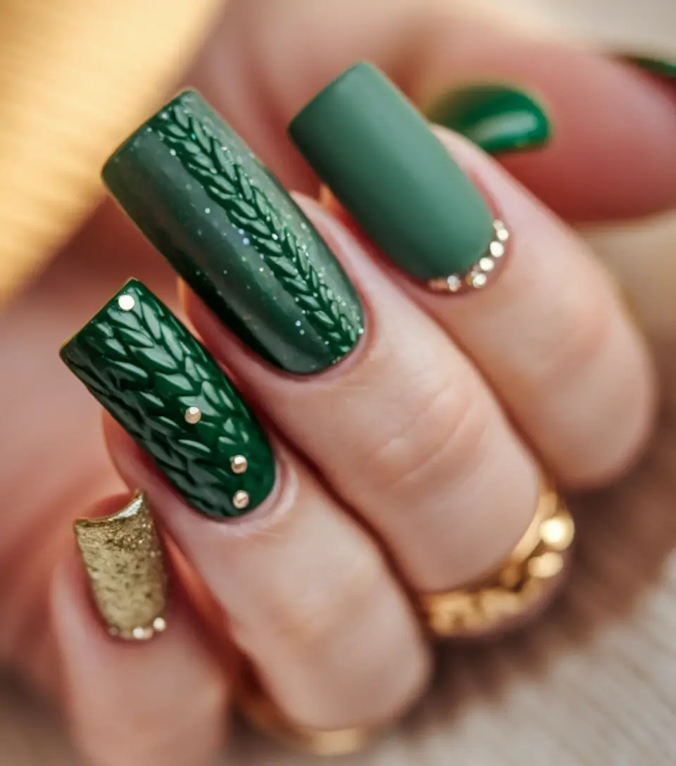 august nails designs acrylic+Knit Texture and Matte Green Acrylic Square Drama