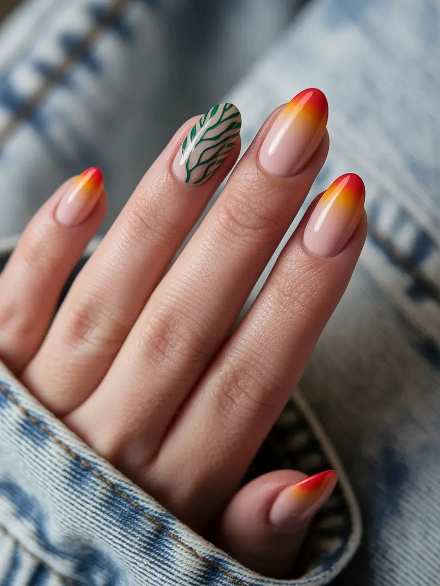 august nails designs almond+Sunset Ombre and Leaf Print Almond Combo