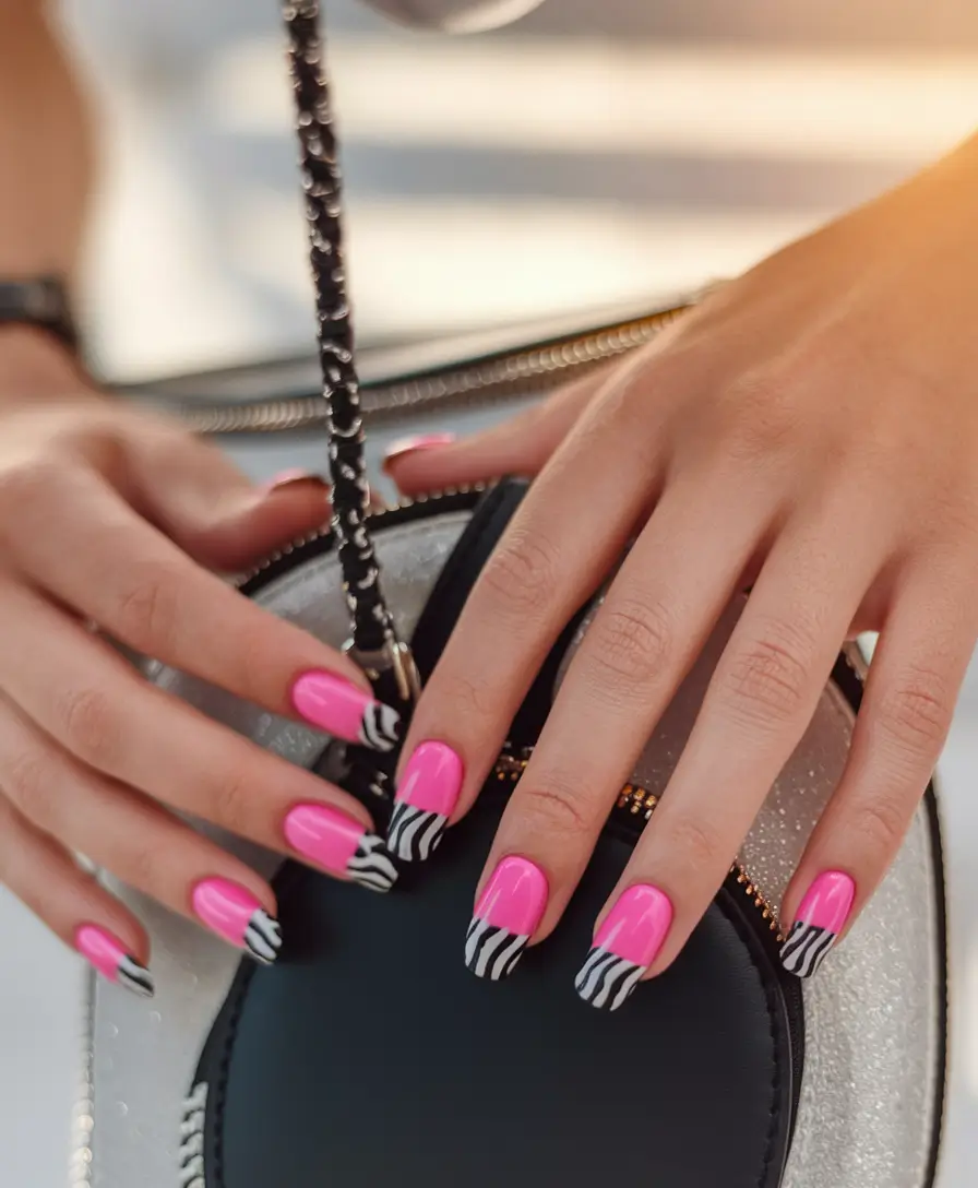august nails designs short square+Neon Pink Zebra Tips with a Short Square Pop