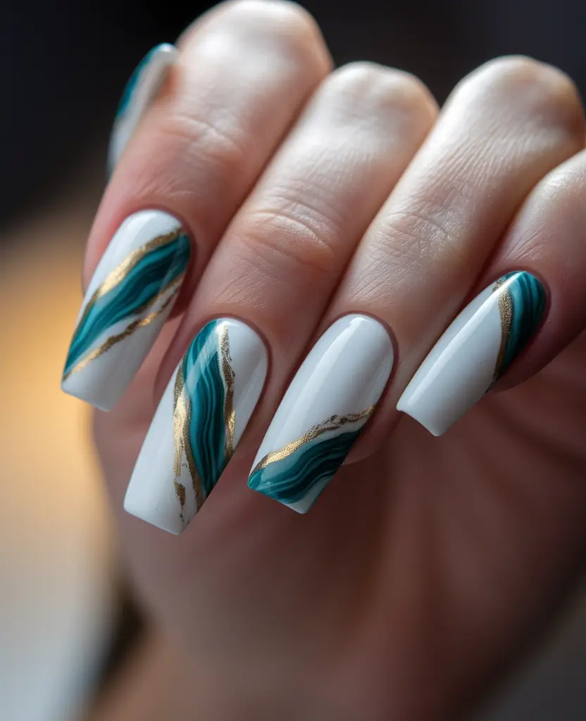 august nails designs acrylic+Ocean-Inspired Marble with Luxe Gold Veining