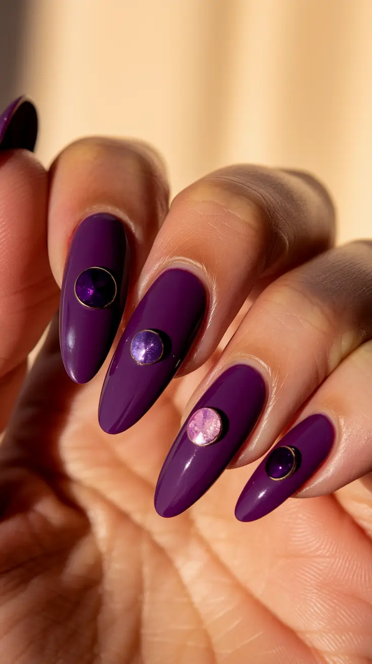 august nails designs almond+Grape Gel Gloss with 3D Crystal Accents
