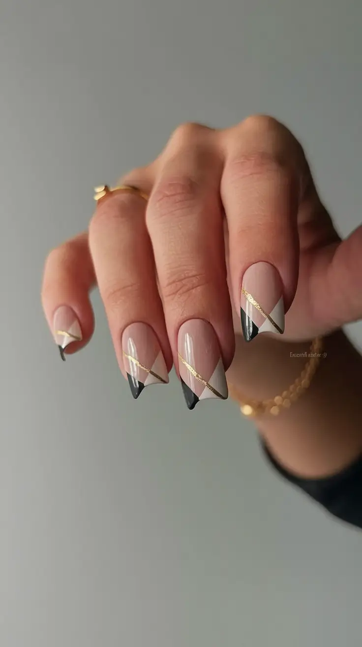 august nails color ideas 2025 Geometric Elegance with Gold Precision
