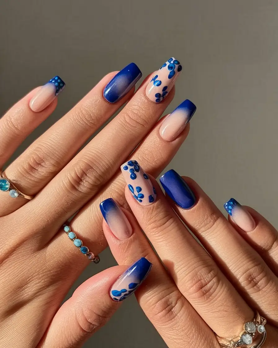 august nails color ideas 2025 Cobalt Blue Bloom with Ombre Magic