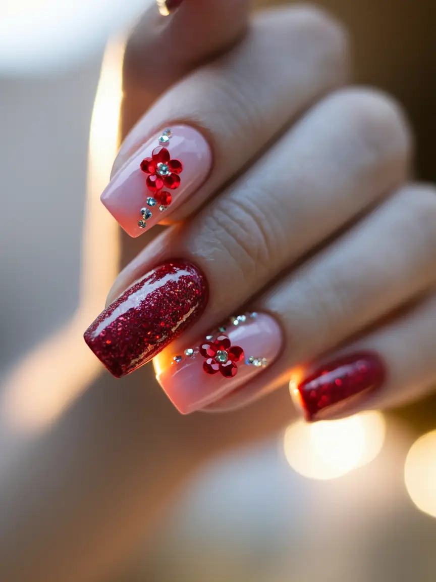 august nails color ideas 2025 Ruby Sparkle and Rhinestone Flowers