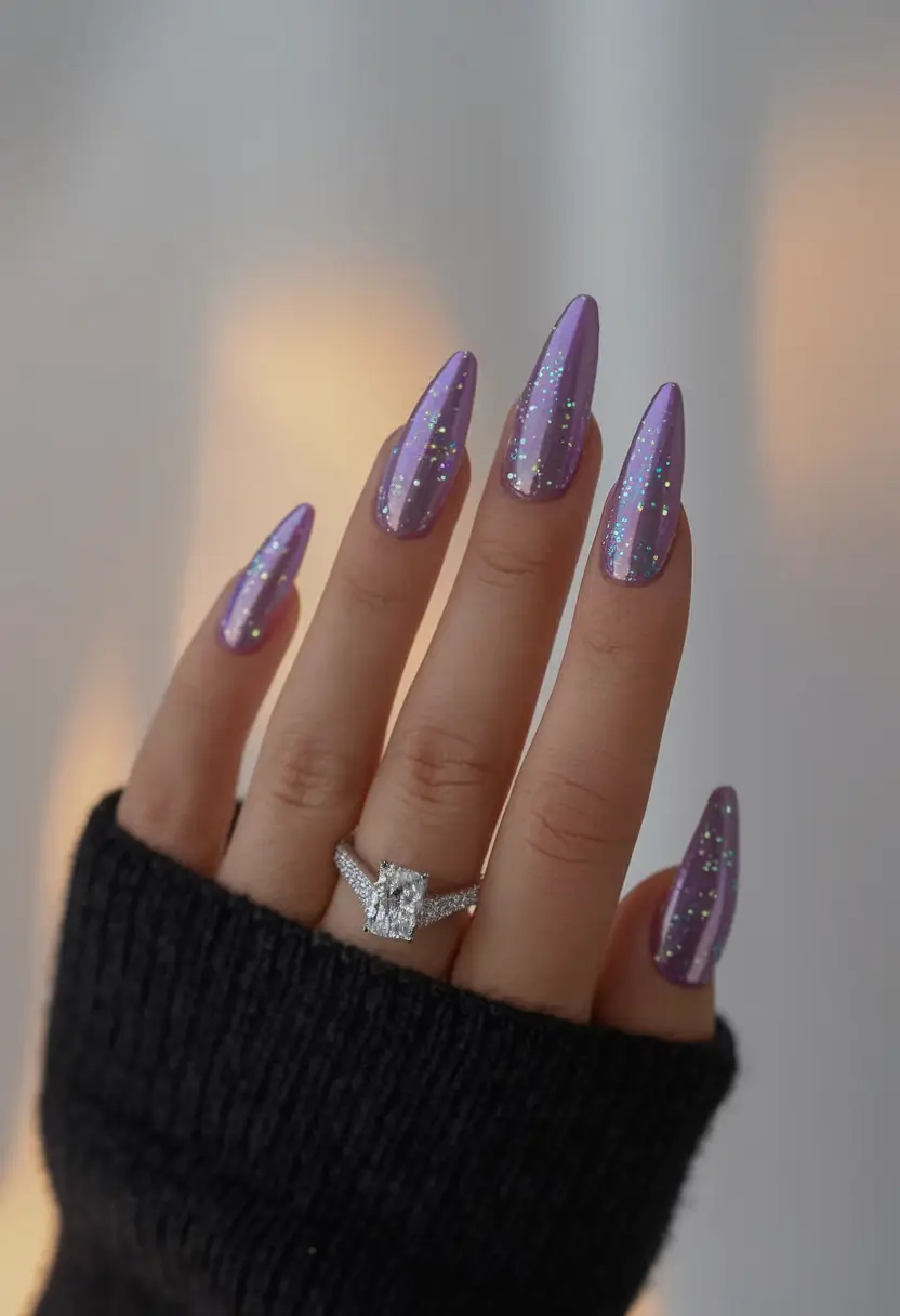 august nails color ideas 2025 Ultra-Violet Sparkle Stiletto