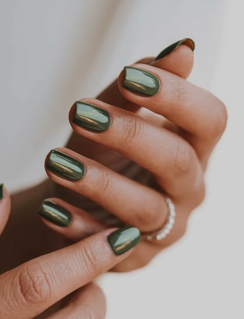 august nails color ideas 2025 Glossy Deep Moss Nails
