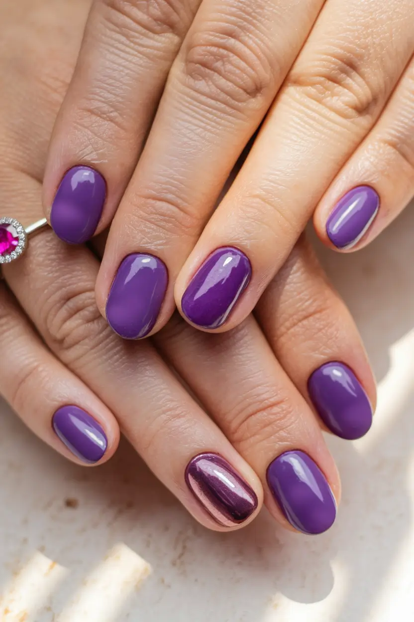 august nails color ideas 2025 Classic Purple with a Metallic Twist