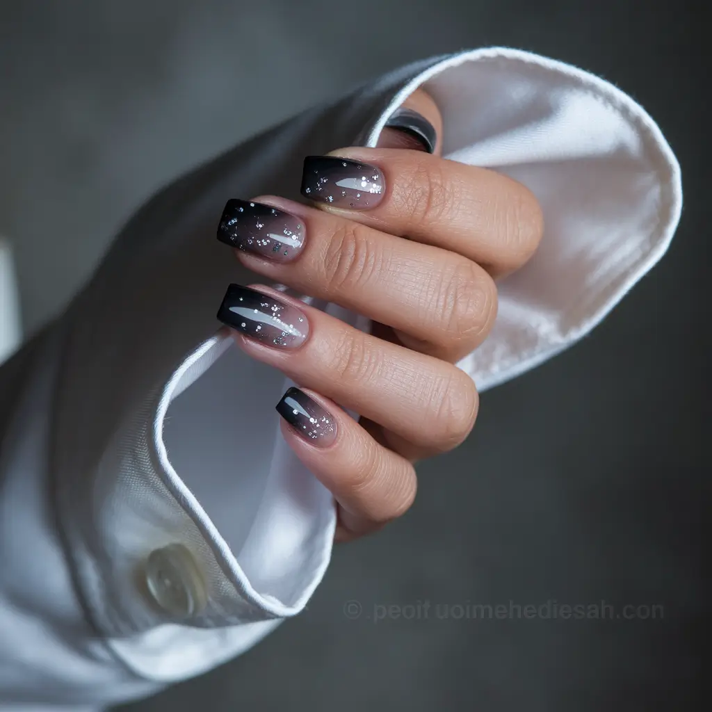 august nails color ideas 2025 Galaxy Fade with Black Chrome and Glitter