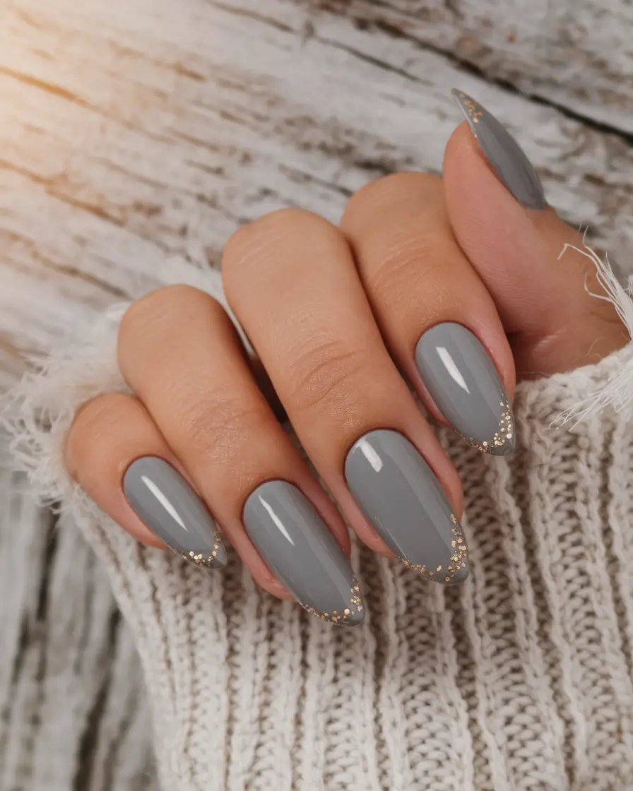 august nails color ideas 2025 Stormy Grey With Glitter Tips