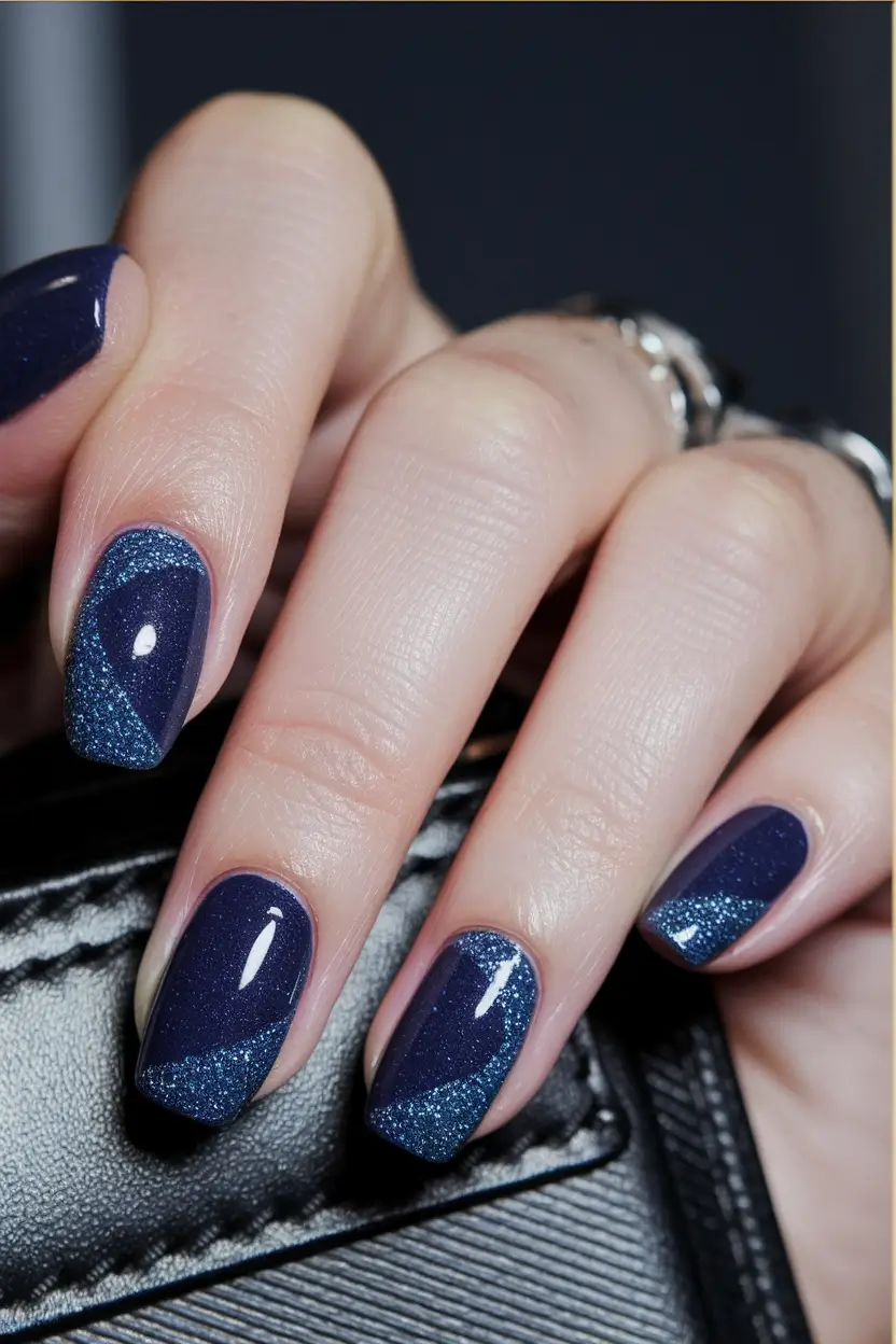 august nails color ideas 2025 Midnight Blue Meets Moon Dust Sparkle