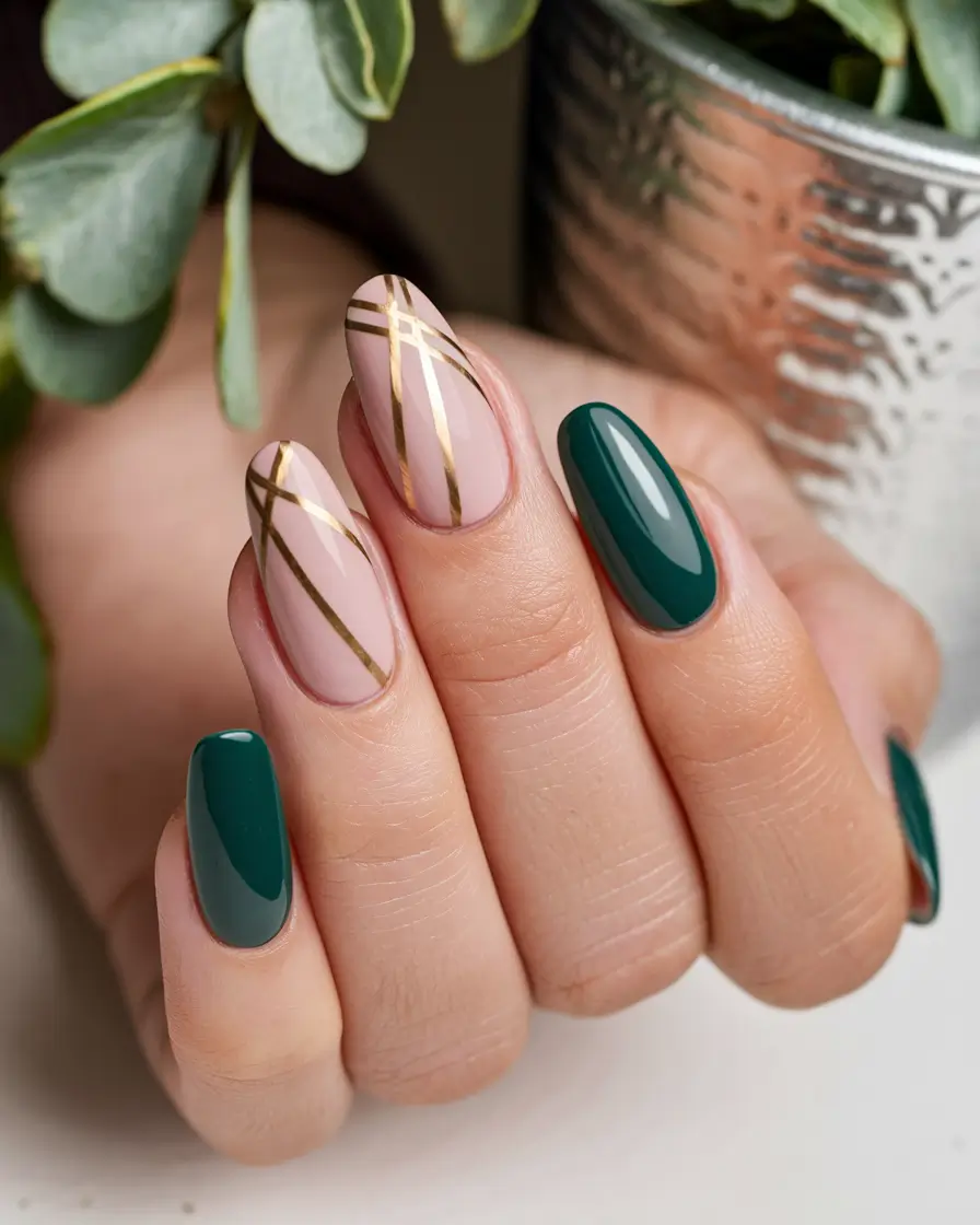 august nails color ideas 2025 Evergreen Luxe with Gold Accent Stripes