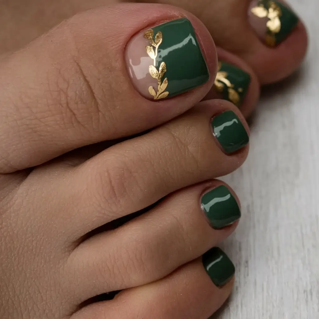 august toe nails ideas 2025+Deep Green Luxe with Golden Foil Art