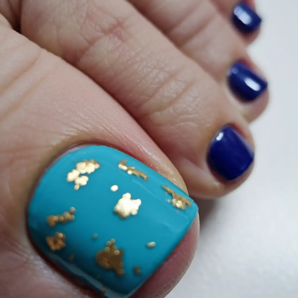 august toe nails ideas 2025+Teal & Royal Blue with Foil Flecks