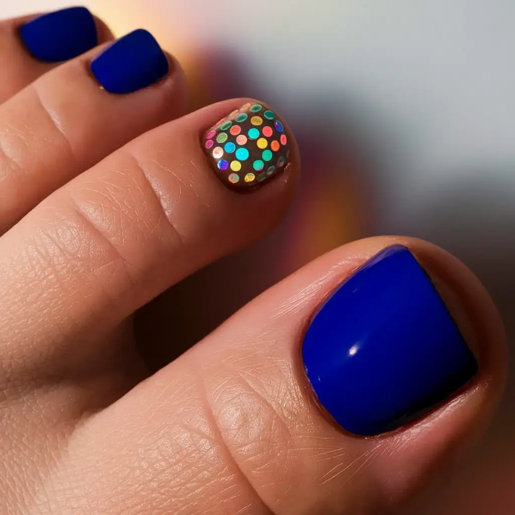 august toe nails ideas 2025+Disco Dot Party with Cobalt Base