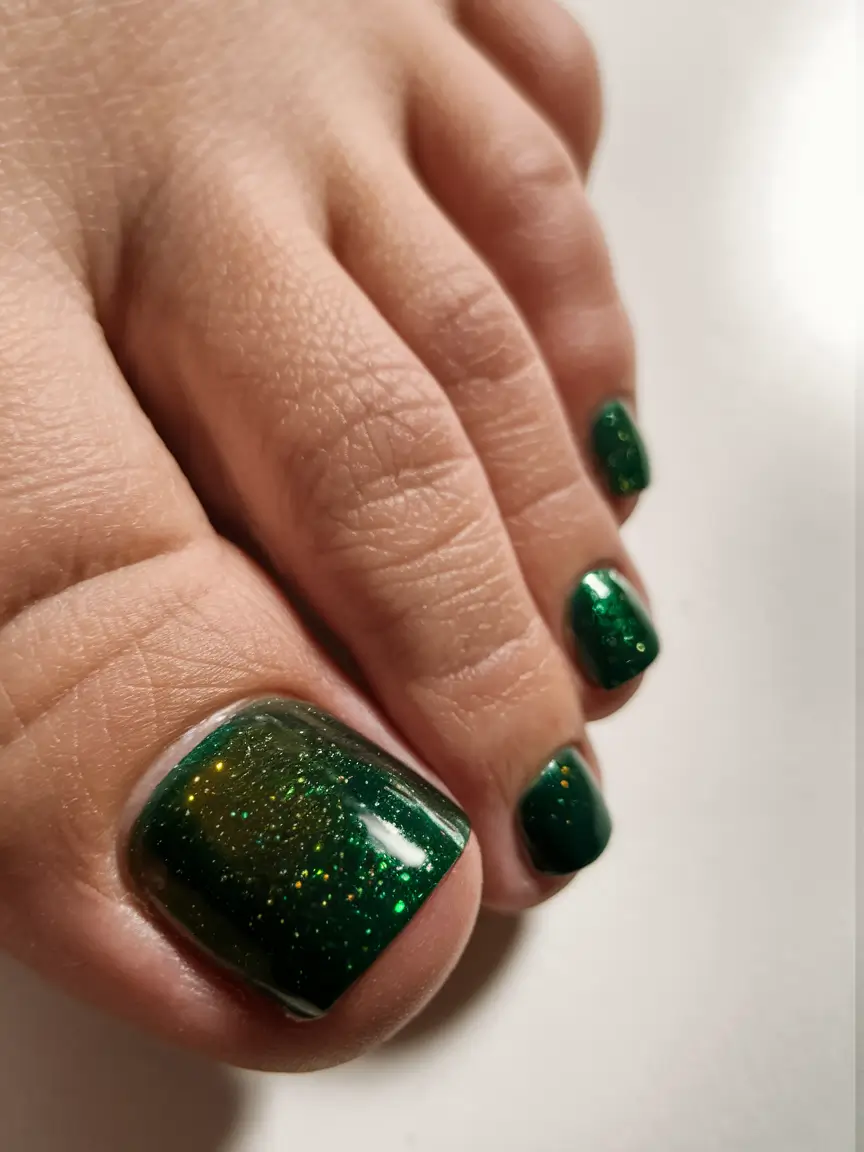 august toe nails ideas 2025+Deep Forest Sparkle with Dimensional Glow