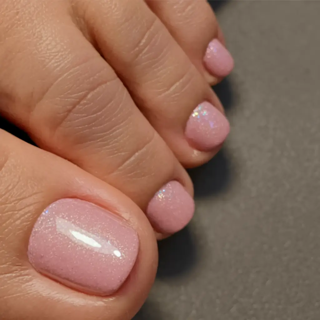 august toe nails ideas 2025 Soft Pink with a Whisper of Shimmer