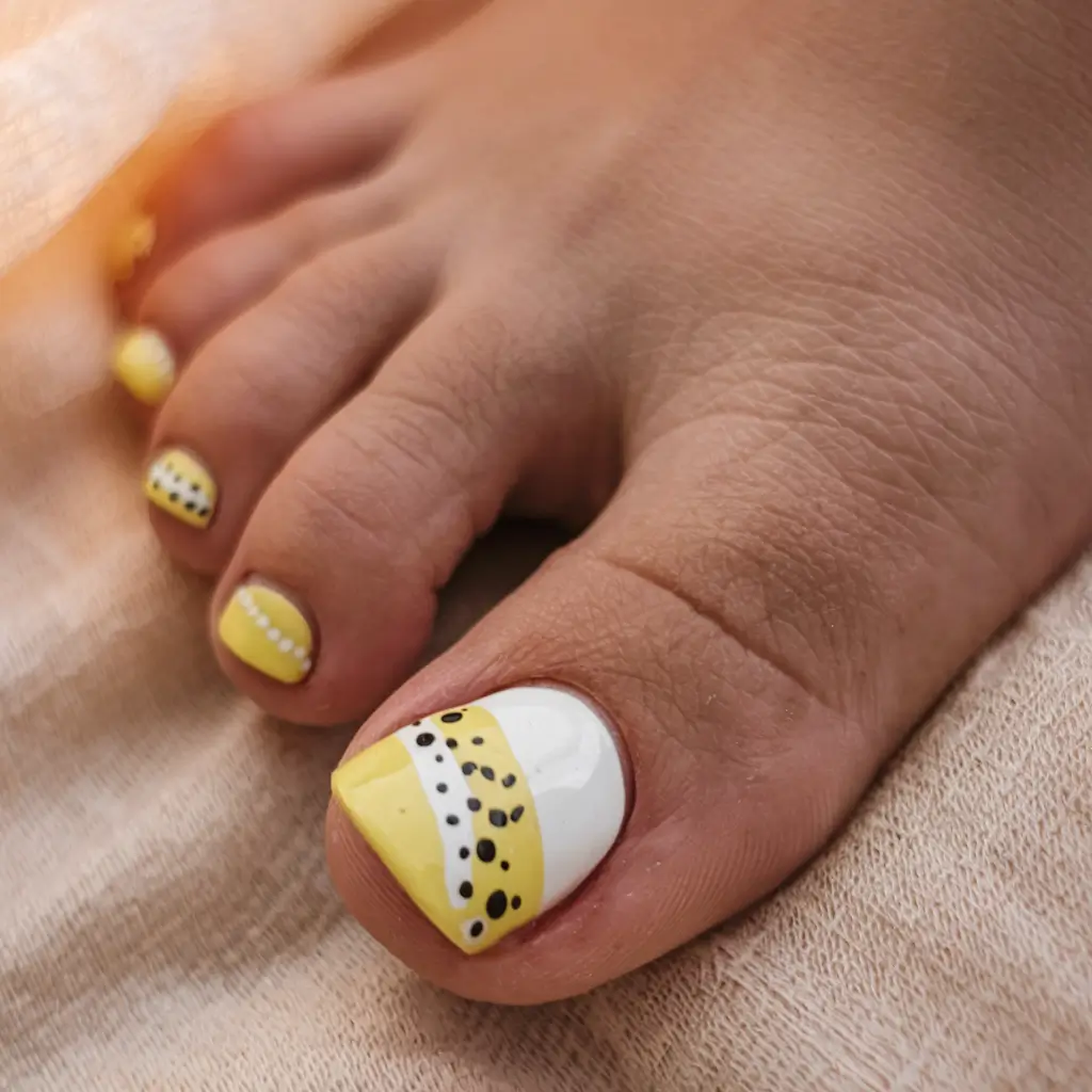 august toe nails ideas 2025 Lemon Pop with Dotted Accents