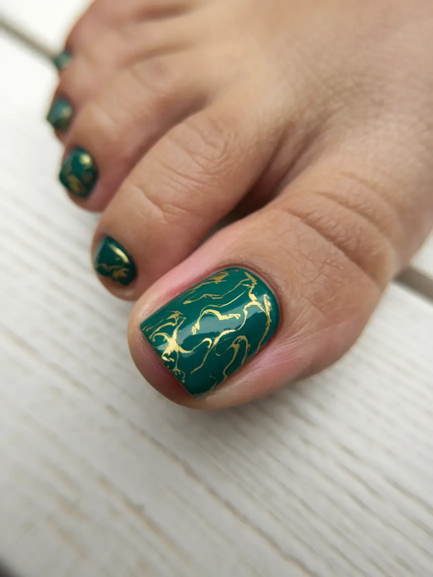 august toe nails ideas 2025+Emerald Marble with Molten Gold Veins