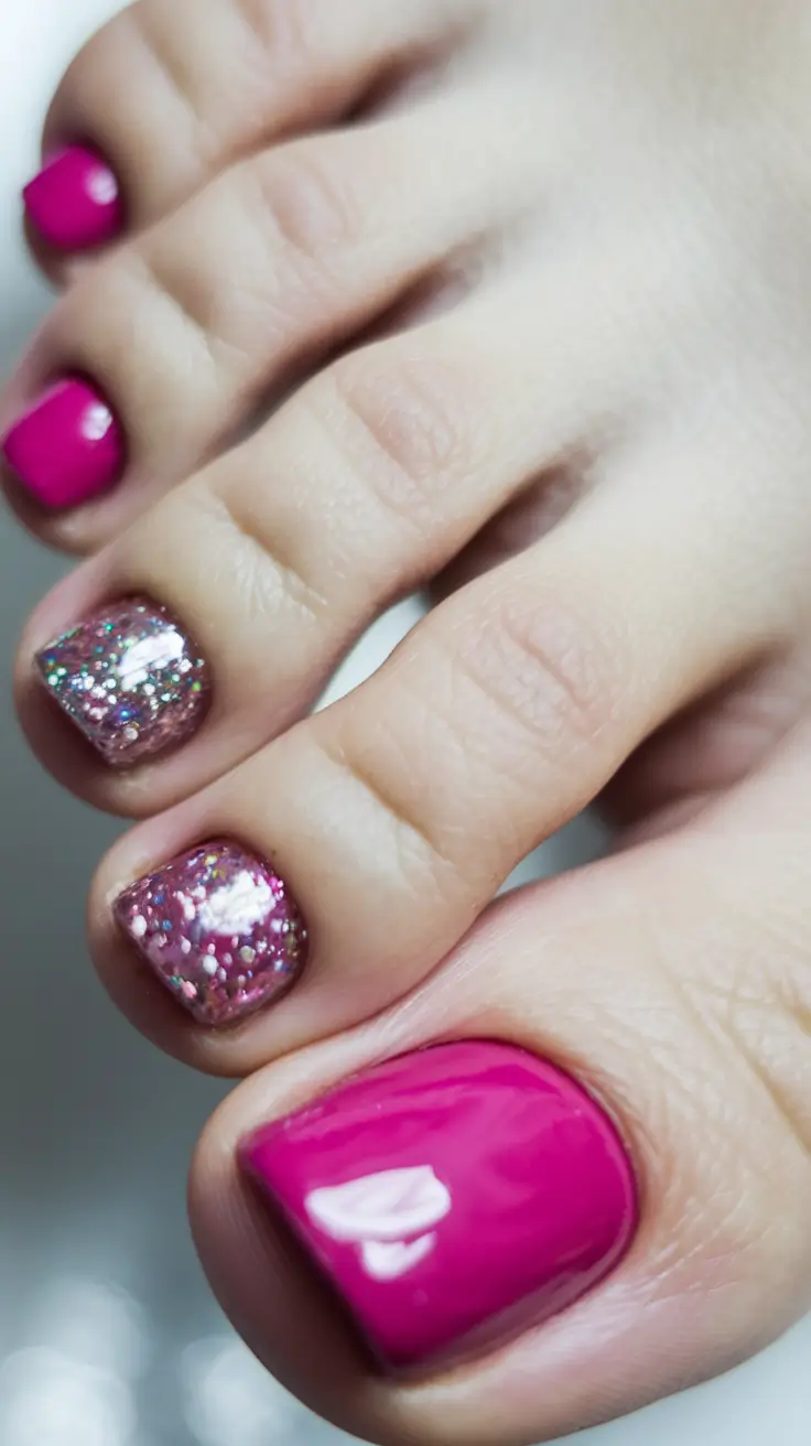 august toe nails ideas 2025+Barbiecore Pink Meets Glitter Glam