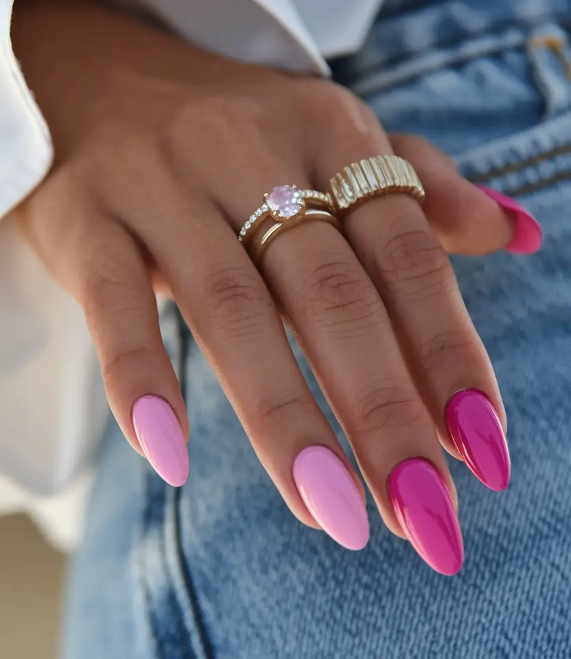 basic summer nails pink Glossy Dual-Tone Almond Pink for a Polished Pop