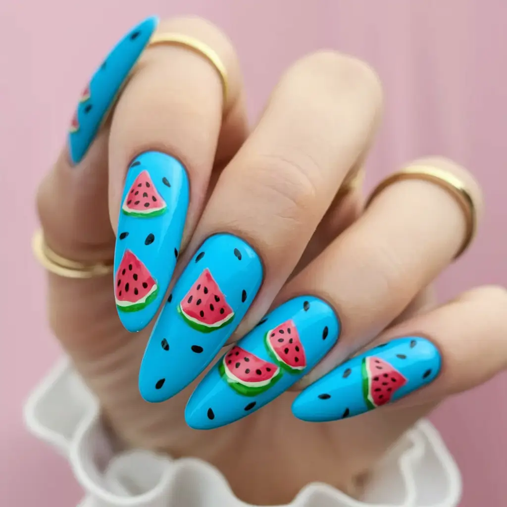 basic summer nails blue Juicy Watermelon Art on Sky Blue