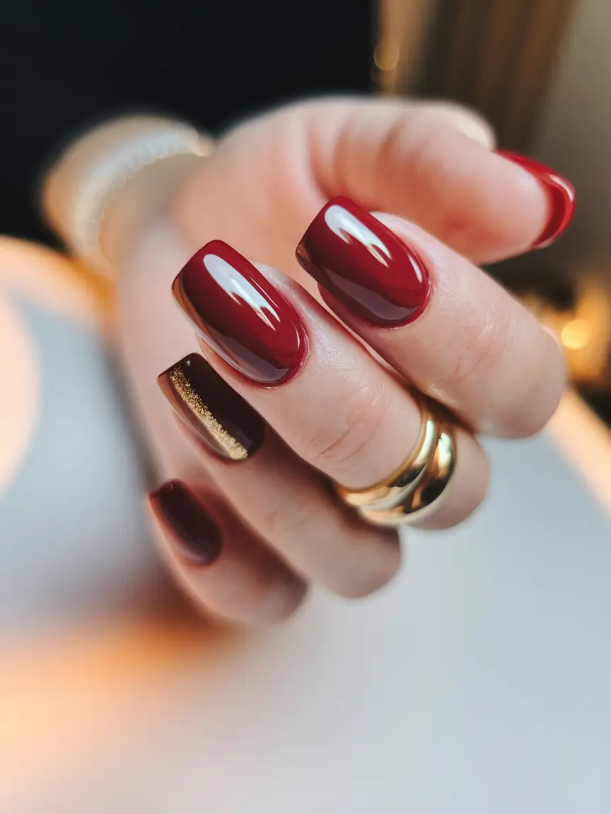 best july nail colors Cherry Red Luxe With a Golden Flicker