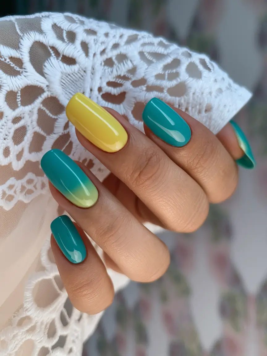 best july nail colors Summer Teal Meets Lemon Pop