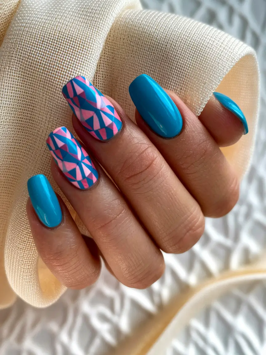 best july nail colors Geometric Blue and Bubblegum Mashup