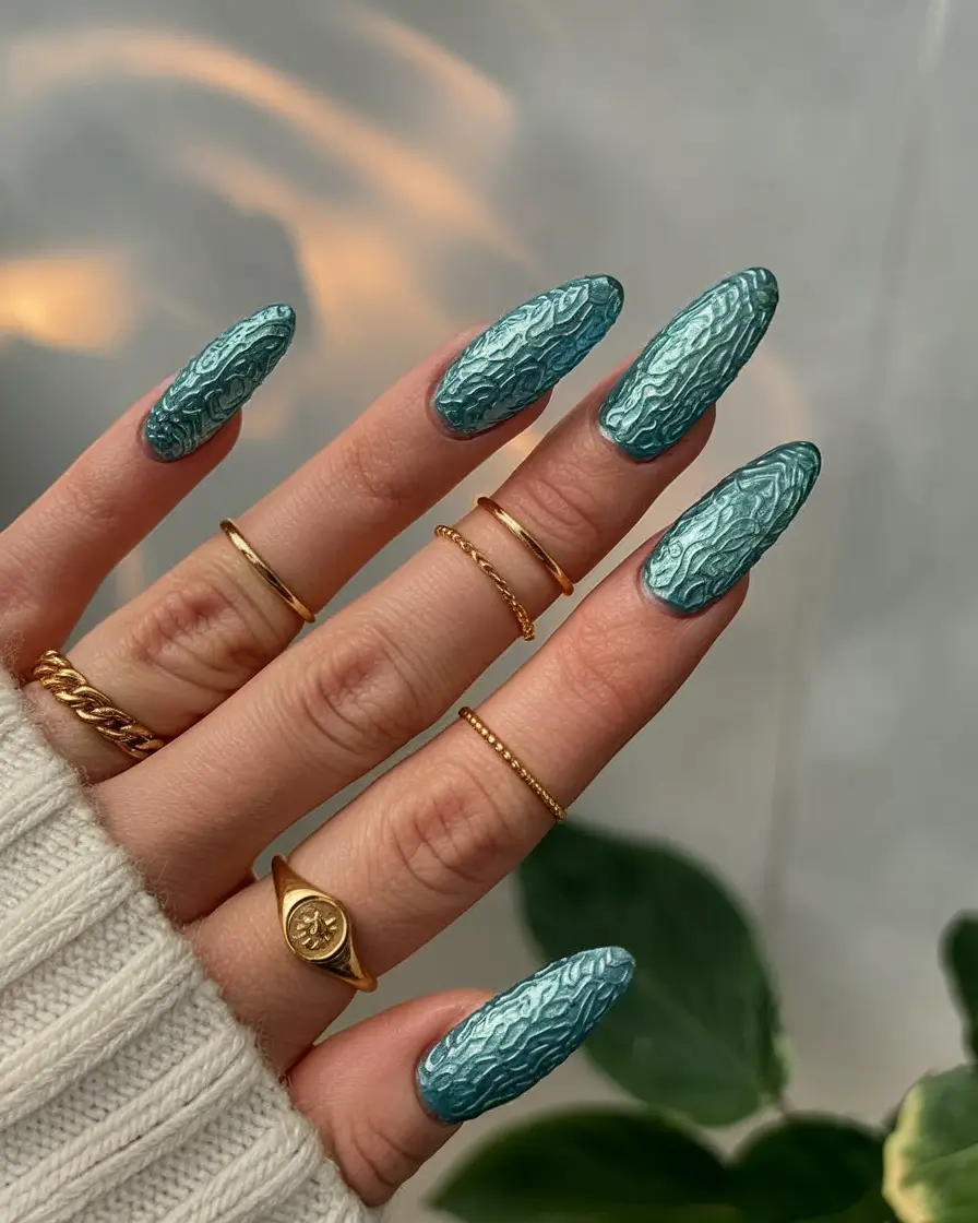 best july nail colors Turquoise Texture with 3D Elegance