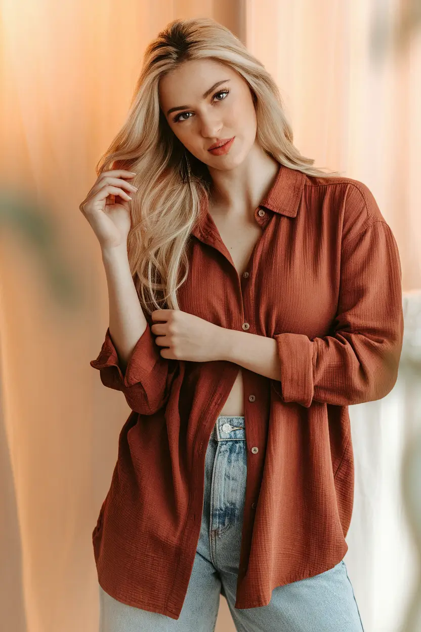 trendy outfits for women over 30 fall - Earthy Ease in Terracotta and Denim
