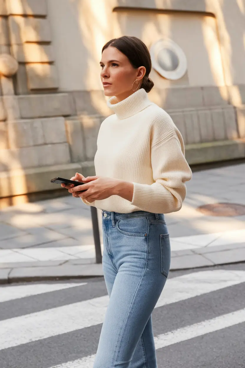 casual fall outfits for women over 30 - Cream Turtleneck and Vintage Denim Simplicity