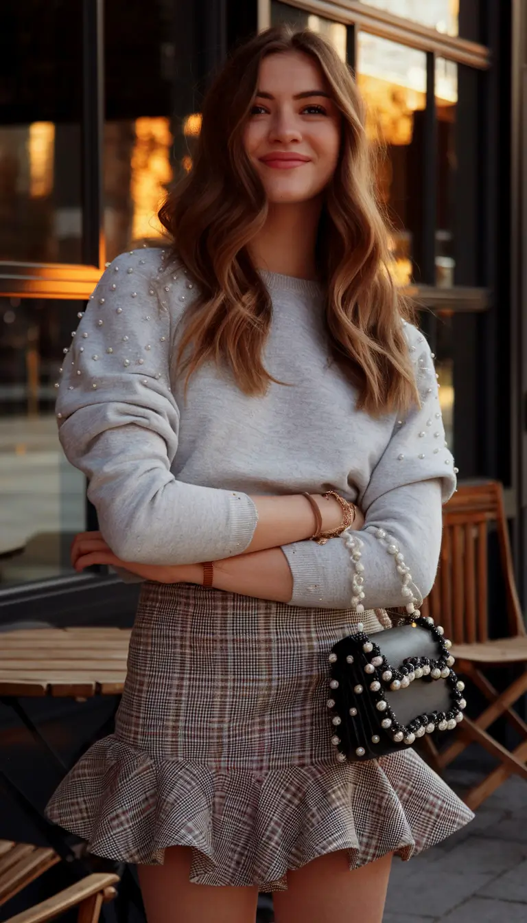 trendy outfits for women over 30 fall - Pearled Details and Classic Plaid Ruffles