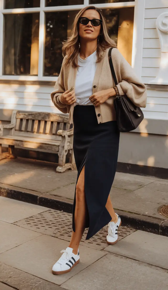 casual fall outfits for women over 30 - Sporty Chic in a Midi Skirt and Cardigan Combo