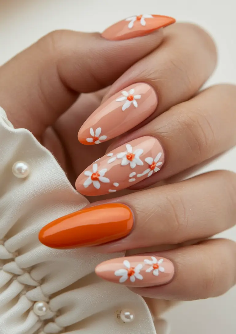 classy summer nails Peachy Florals: Almond Short and Sweet