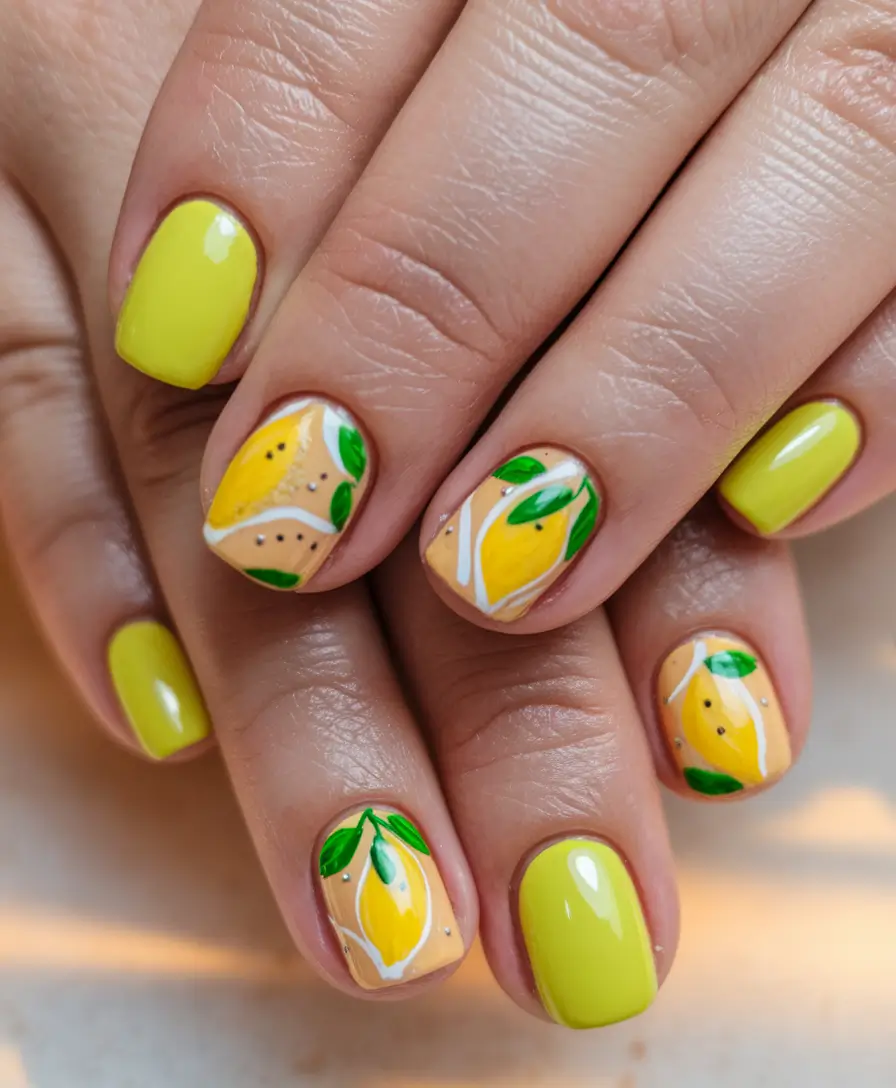 classy summer nails Lemon Drop Pop: Bright Short Yellow With Fruit Accents