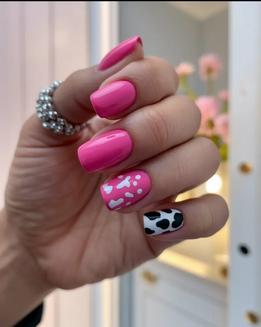 classy summer nails Hot Pink With a Twist: Simple Square and Cow Print Accents