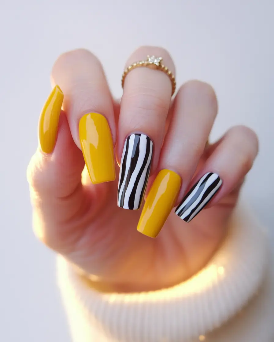 classy summer nails Yellow & Zebra: Bright Square Nails With Graphic Edge