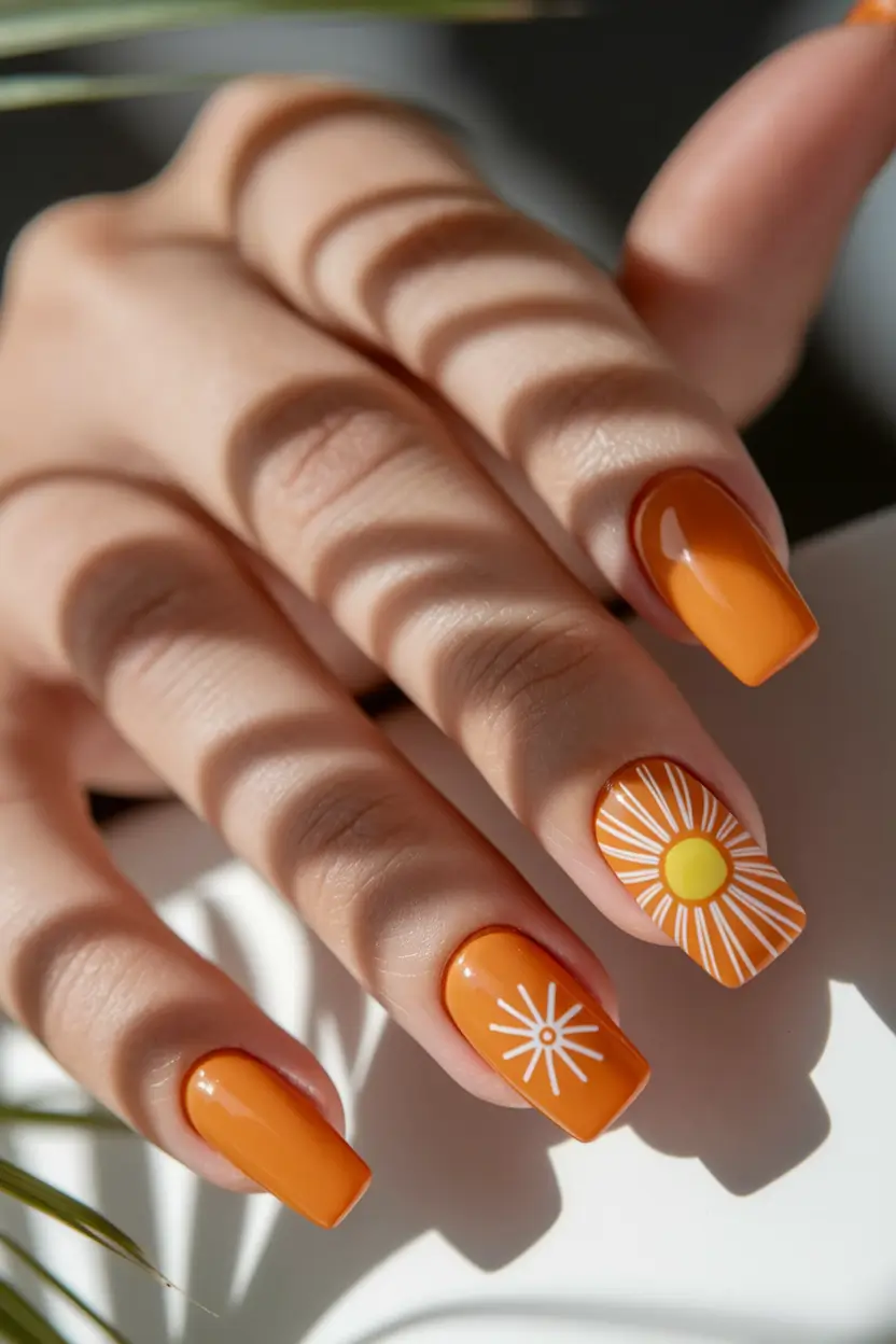 classy summer nails Orange Sunshine: Simple Square Nails With Sunburst Art