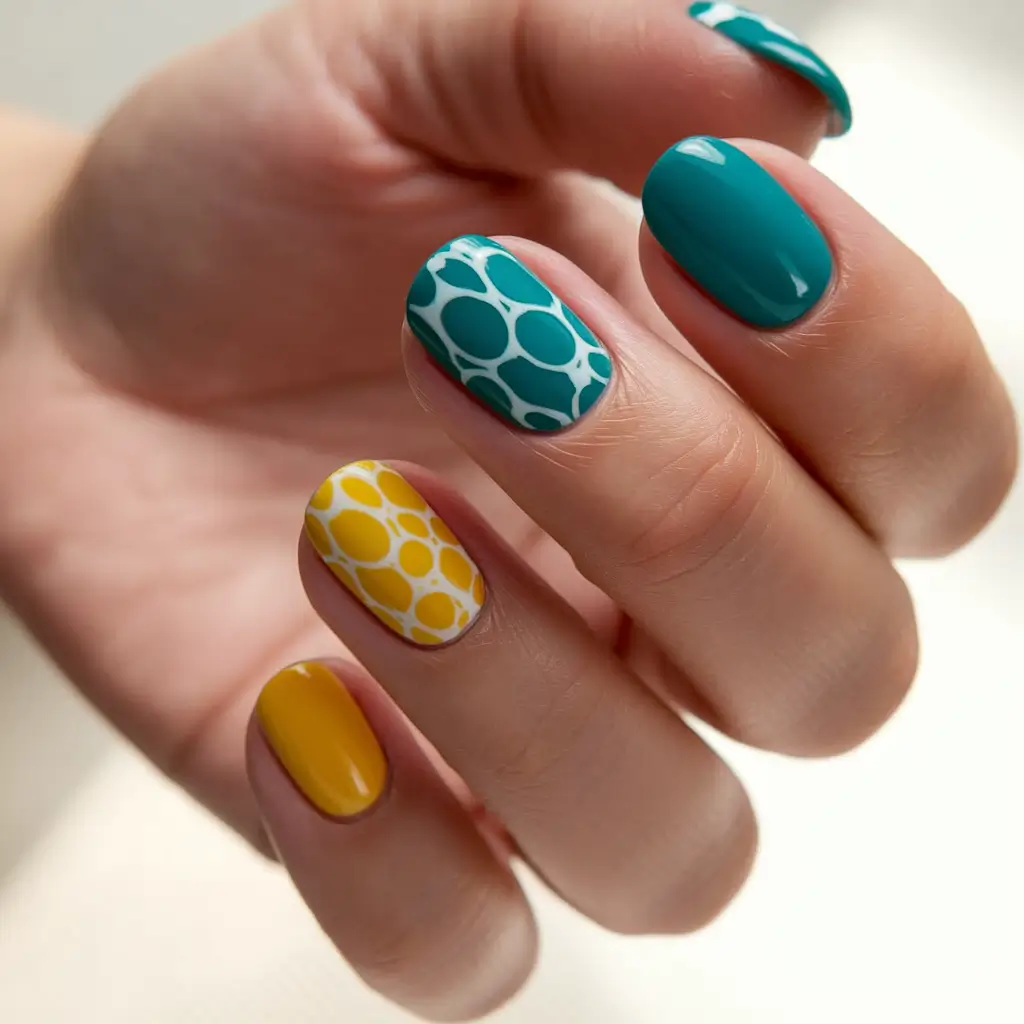 classy summer nails Retro Dots: Short, Fun, and Simple Blue-Yellow Combo