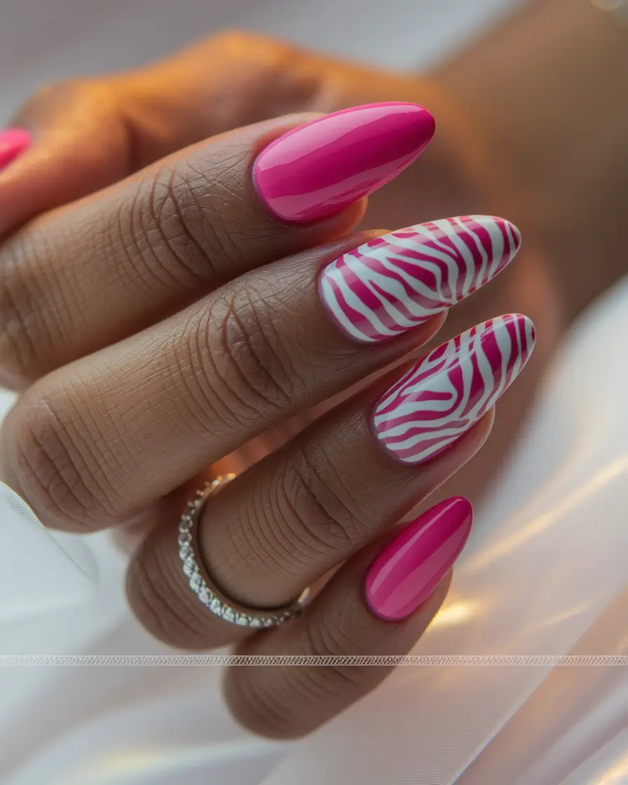 colorful summer nails almond Hot Pink Meets Zebra Chaos