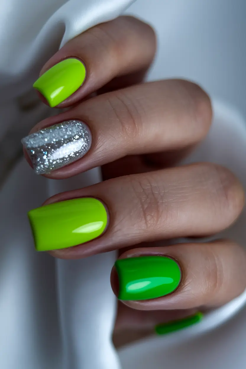 colorful summer nails square Electric Green and Silver Sparkle