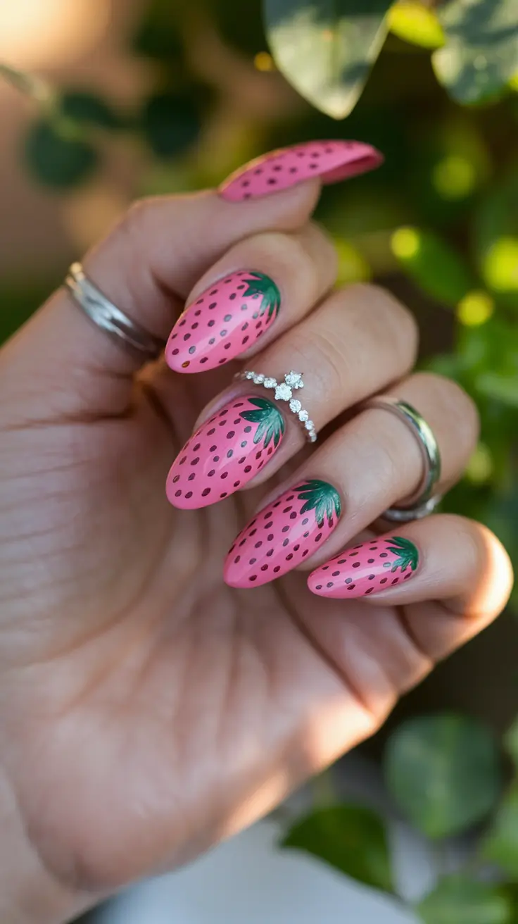 colorful summer nails acrylic almond Strawberry Matte Sweetness