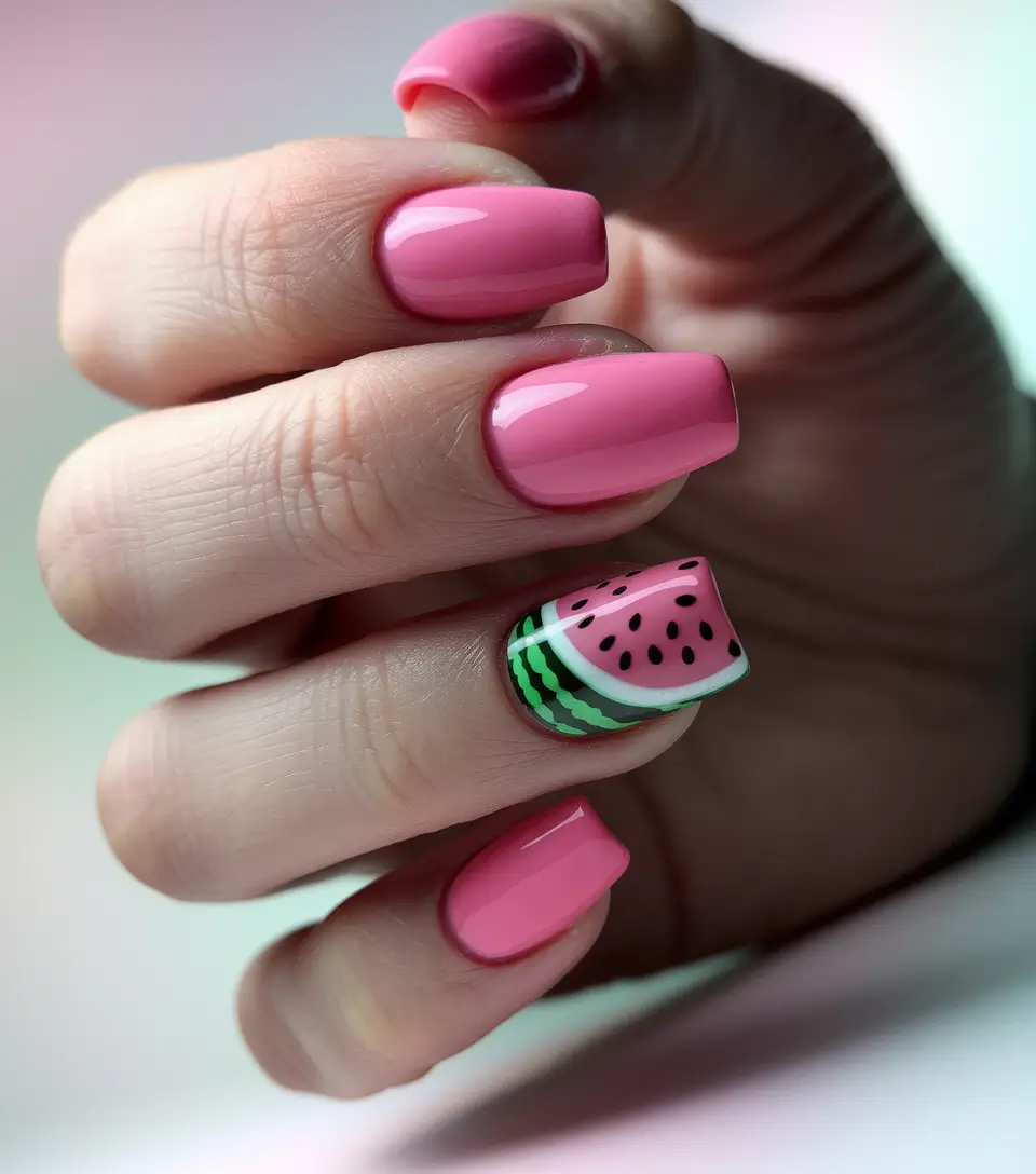 colorful summer nails square Juicy Watermelon Slice