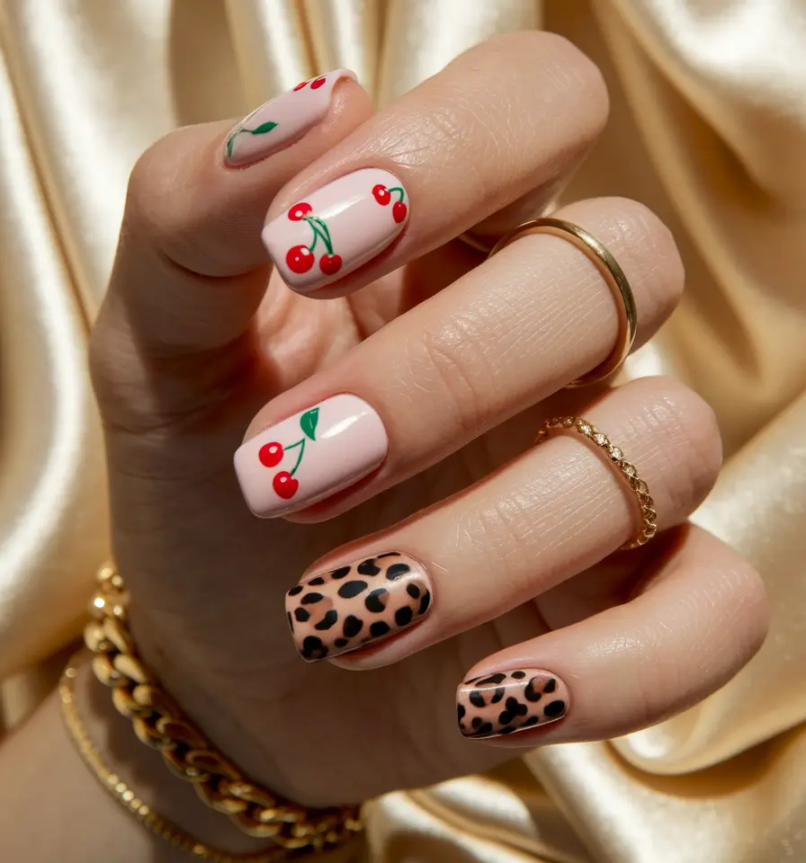 colorful summer nails designs Cherry and Leopard Combo