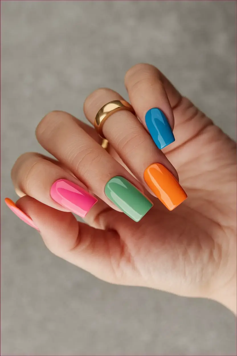 colorful summer nails acrylic Rainbow Block Party