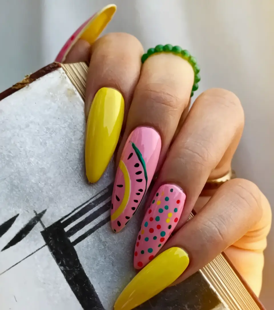 colorful summer nails acrylic almond Watermelon Confetti Party