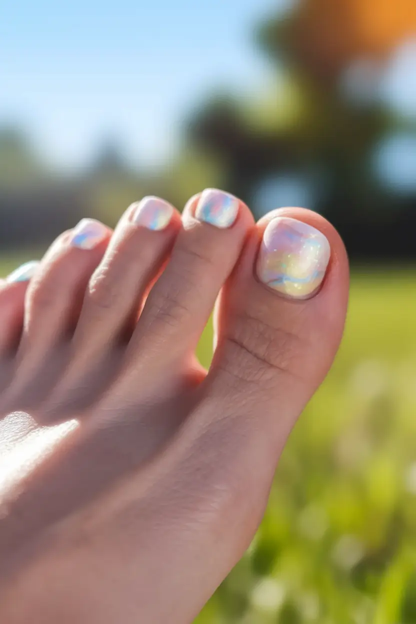 cute july toe nails Glossy Opal Shimmer for Sun-Kissed Vibes