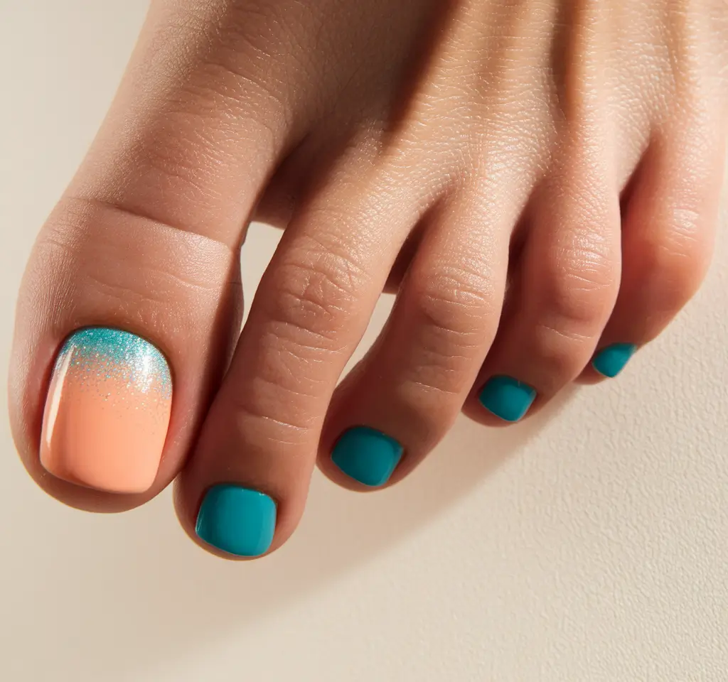 cute july toe nails Peach Sunset + Turquoise Splash
